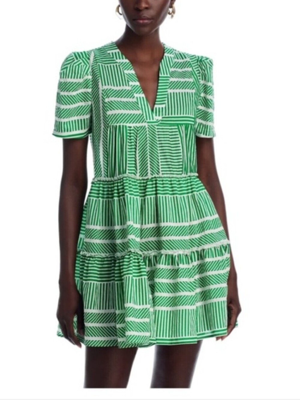 AQUA Green Striped V-Neck Short Sleeve Mini Dress NWT Size M